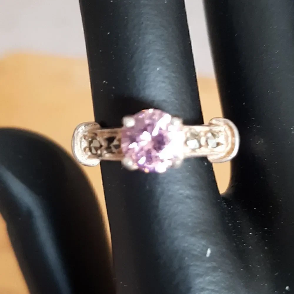 Sterling silver ring with pinkish glass stone and marcasite